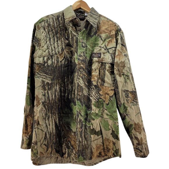 VTG Flint River Flannel Shirt Mens Medium Hunting Shooting Camo Button Vented - Picture 1 of 15